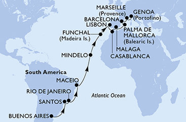 Argentina, Brazílie, Kapverdy, Portugalsko, Maroko, Španělsko, Francie, Itálie z Buenos Aires na lodi MSC Seaview