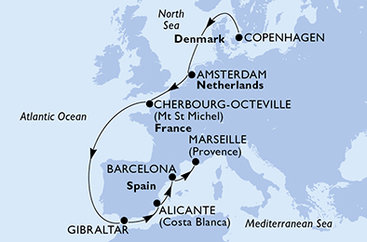 Dánsko, Nizozemsko, Francie, Velká Británie, Španělsko z Kodaně na lodi MSC Euribia