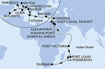 Španělsko, Itálie, Francie, Řecko, Kypr, Egypt, Seychely, Mauricius, Reunion, Jihoafrická republika z Alicante na lodi MSC Sinfonia
