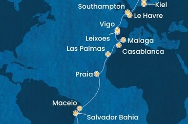Brazílie, Kapverdy, Španělsko, Maroko, Portugalsko, Francie, Velká Británie, Dánsko, Německo z Rio de Janeira na lodi Costa Diadema