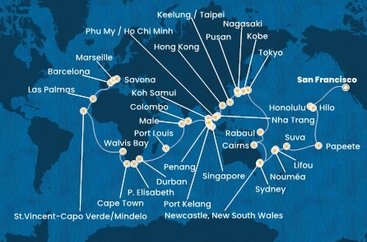 USA, Francouzská Polynésie, Fidži, Nová Kaledonie, Austrálie, Papua Nová Guinea, Japonsko, Jižní Korea, Tchaj-wan, Čína, Vietnam, Thajsko, Singapur, Malajsie, Srí Lanka, Maledivy, Mauricius, Jihoafrická republika, Namibie, Kapverdy, Španělsko, Francie, Itálie ze San Francisca na lodi Costa Deliziosa