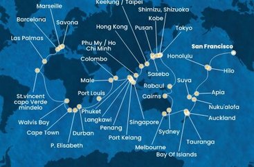 USA, Samoa, Fidži, Tonga, Nový Zéland, Austrálie, Papua Nová Guinea, Japonsko, Jižní Korea, Tchaj-wan, Čína, Vietnam, Singapur, Malajsie, Thajsko, Srí Lanka, Maledivy, Mauricius, Jihoafrická republika, Namibie, Kapverdy, Španělsko, Francie, Itálie ze San Francisca na lodi Costa Deliziosa