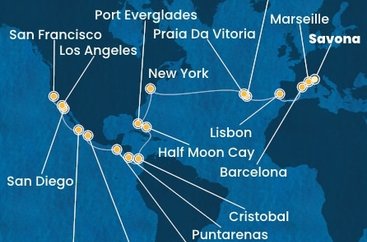 Itálie, Francie, Španělsko, Portugalsko, USA, Bahamy, Panama, Kostarika, Guatemala, Mexiko ze Savony na lodi Costa Deliziosa