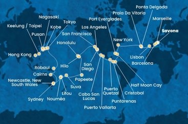 Itálie, Francie, Španělsko, Portugalsko, USA, Bahamy, Panama, Kostarika, Guatemala, Mexiko, Francouzská Polynésie, Fidži, Nová Kaledonie, Austrálie, Papua Nová Guinea, Japonsko, Jižní Korea, Tchaj-wan, Čína ze Savony na lodi Costa Deliziosa