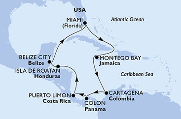 USA, Jamajka, Kolumbie, Panama, Kostarika, Honduras, Belize z Miami na lodi MSC Poesia