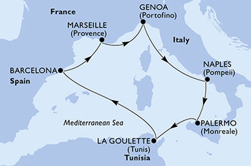 Itálie, Tunisko, Španělsko, Francie z Palerma na lodi MSC Euribia