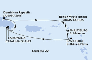 Dominikánská republika, Zámořské území Velké Británie, Svatý Martin, Svatý Kryštof a Nevis z La Romany na lodi MSC Opera
