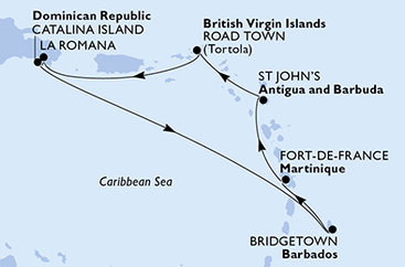 Dominikánská republika, Barbados, Martinik, Antigua a Barbuda, Britské Panenské ostrovy z La Romany na lodi MSC Opera