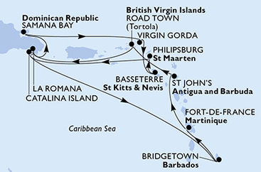 Martinik, Antigua a Barbuda, Britské Panenské ostrovy, Dominikánská republika, Zámořské území Velké Británie, Svatý Kryštof a Nevis, Svatý Martin, Barbados z Fort-de-France na lodi MSC Opera