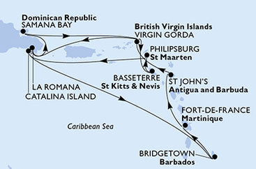 Dominikánská republika, Barbados, Martinik, Antigua a Barbuda, Zámořské území Velké Británie, Svatý Kryštof a Nevis, Svatý Martin z La Romany na lodi MSC Opera
