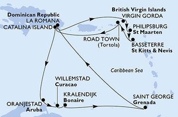 Dominikánská republika, Zámořské území Velké Británie, Svatý Martin, Svatý Kryštof a Nevis, Britské Panenské ostrovy, Aruba, Curacao, Bonaire, Grenada z La Romany na lodi MSC Opera