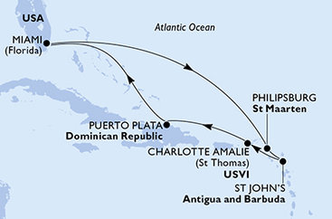 USA, Svatý Martin, Antigua a Barbuda, Dominikánská republika z Miami na lodi MSC Meraviglia
