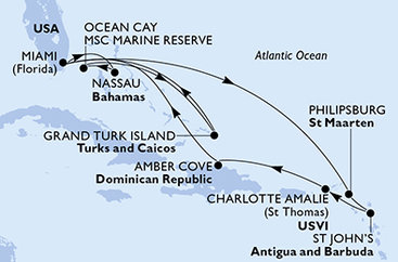 USA, Bahamy, Zámořské území Velké Británie, Svatý Martin, Antigua a Barbuda, Dominikánská republika z Miami na lodi MSC Meraviglia