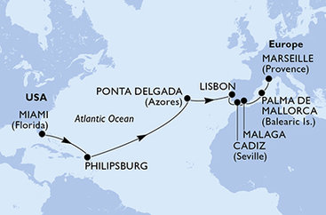 USA, Svatý Martin, Portugalsko, Španělsko, Francie z Miami na lodi MSC Meraviglia