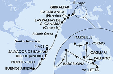 Francie, Itálie, Malta, Španělsko, Velká Británie, Maroko, Brazílie, Uruguay, Argentina z Marseille na lodi MSC Splendida