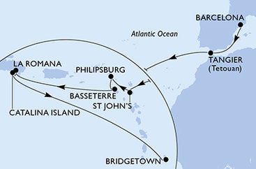 Španělsko, Maroko, Antigua a Barbuda, Svatý Martin, Svatý Kryštof a Nevis, Dominikánská republika, Barbados z Barcelony na lodi MSC Opera