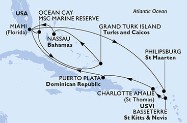 USA, Bahamy, Zámořské území Velké Británie, Svatý Martin, Svatý Kryštof a Nevis, Dominikánská republika z Miami na lodi MSC Seashore