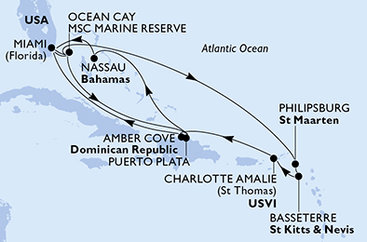 USA, Bahamy, Svatý Martin, Svatý Kryštof a Nevis, Dominikánská republika z Miami na lodi MSC Seashore