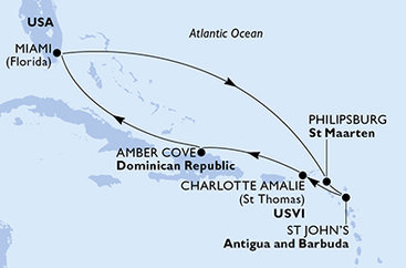 USA, Svatý Martin, Antigua a Barbuda, Dominikánská republika z Miami na lodi MSC Seashore