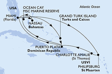 USA, Zámořské území Velké Británie, Dominikánská republika, Bahamy, Svatý Martin z Miami na lodi MSC Seashore