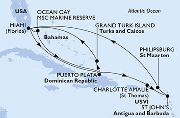 USA, Dominikánská republika, Antigua a Barbuda, Svatý Martin, Bahamy, Zámořské území Velké Británie z Miami na lodi MSC Seashore