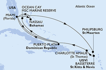 USA, Dominikánská republika, Bahamy, Svatý Martin, Svatý Kryštof a Nevis z Miami na lodi MSC Seashore
