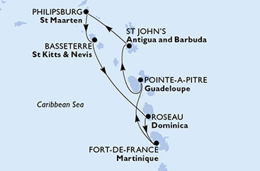 Guadeloupe, Antigua a Barbuda, Svatý Martin, Svatý Kryštof a Nevis, Dominika, Martinik z Pointe-à-Pitre na lodi MSC World Europa