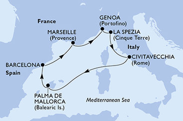 Itálie, Španělsko, Francie z Civitavecchia na lodi MSC Grandiosa